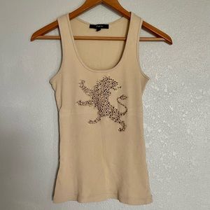 Express - Cotton Beige Tank Top Gold Rhinestone Lion - Size S